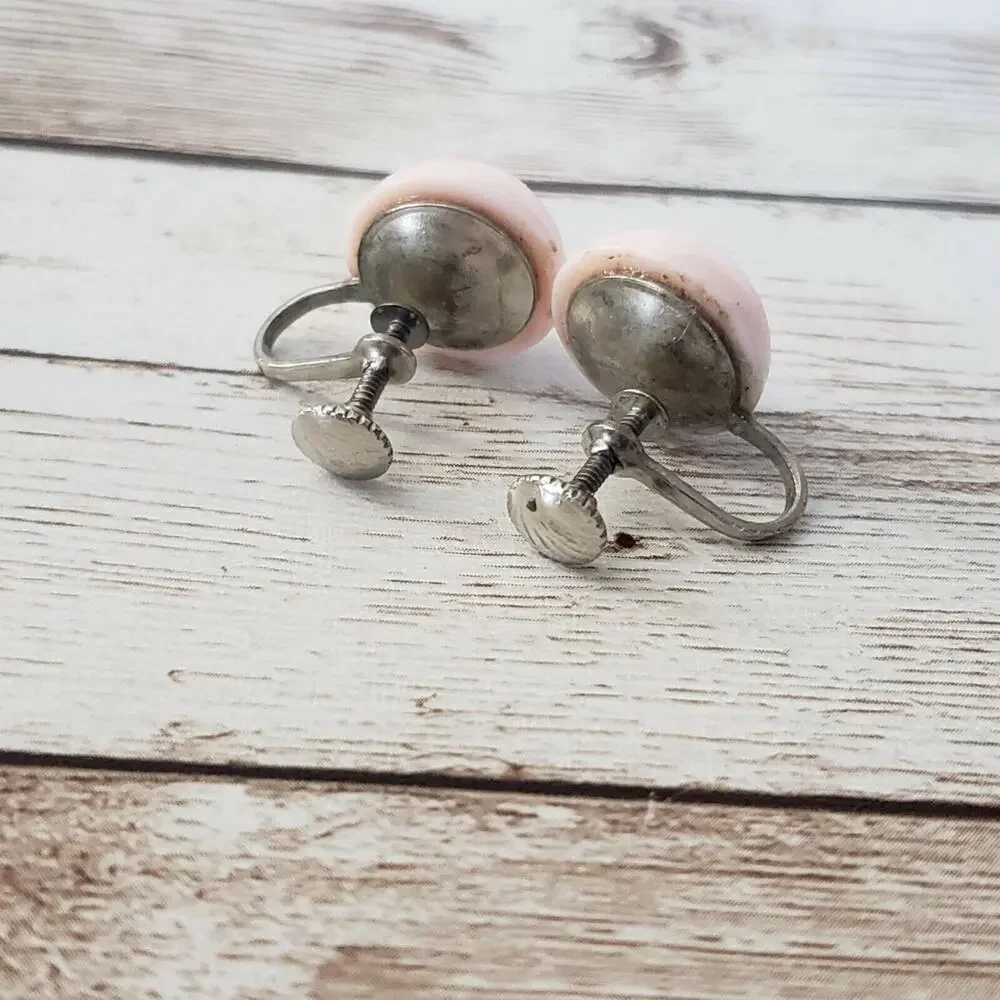 Vintage Screw On Earrings Light Pink Domed Circle